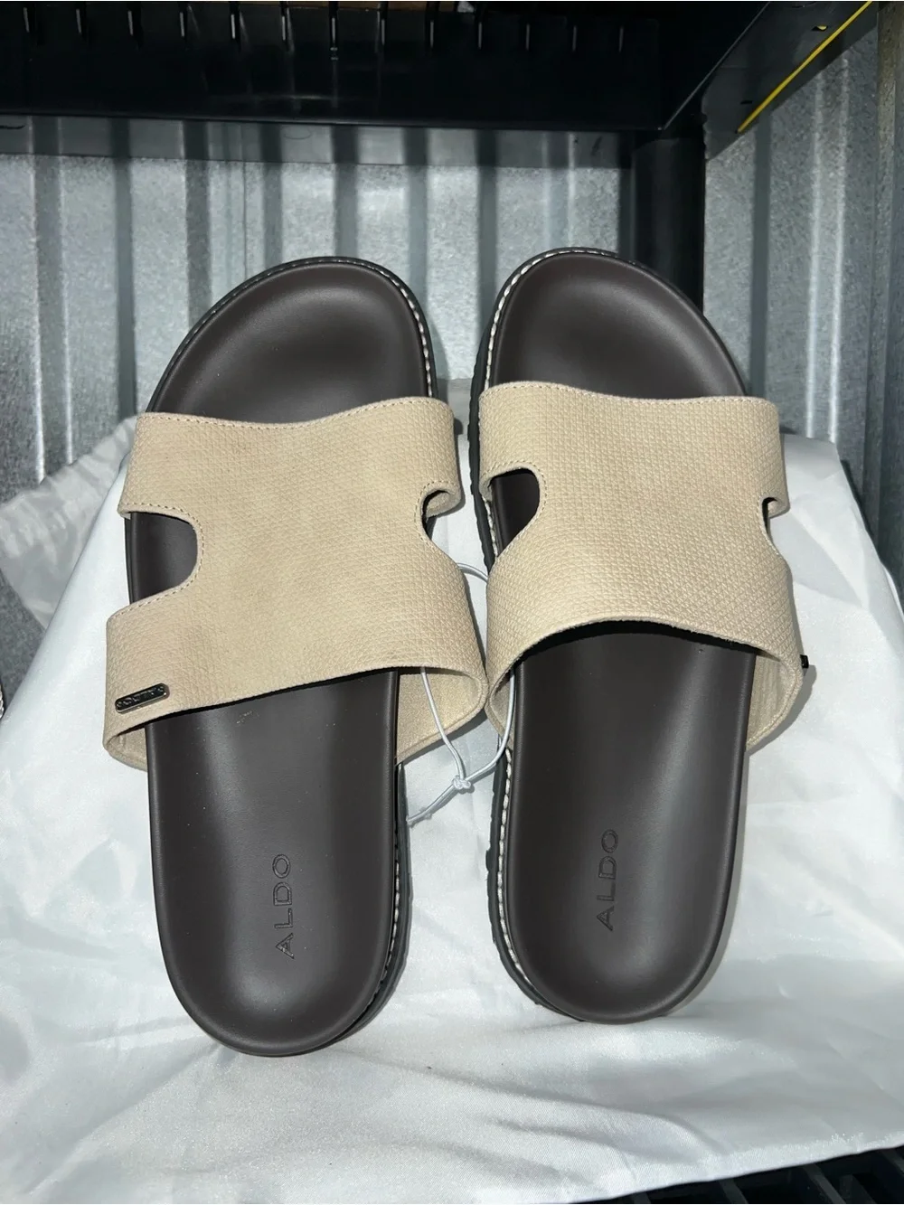 ALDO Men’s Beige Canvas Slide Sandals with Dark Brown Footbed